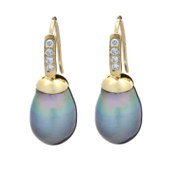 14 Karat Yellow Gold Tahitian and Diamond Drop Earrings