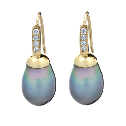 14 Karat Yellow Gold Tahitian and Diamond Drop Earrings