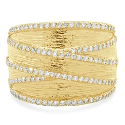 14 Karat Yellow Gold Textured Wide Diamond Crossover Band