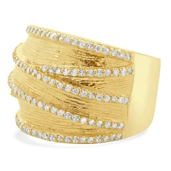 14 Karat Yellow Gold Textured Wide Diamond Crossover Band