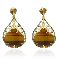 14 Karat Yellow Gold Tigers Eye and Diamond Teardrop Earrings