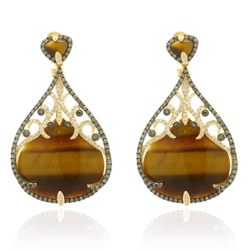 14 Karat Yellow Gold Tigers Eye and Diamond Teardrop Earrings