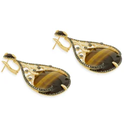 14 Karat Yellow Gold Tigers Eye and Diamond Teardrop Earrings