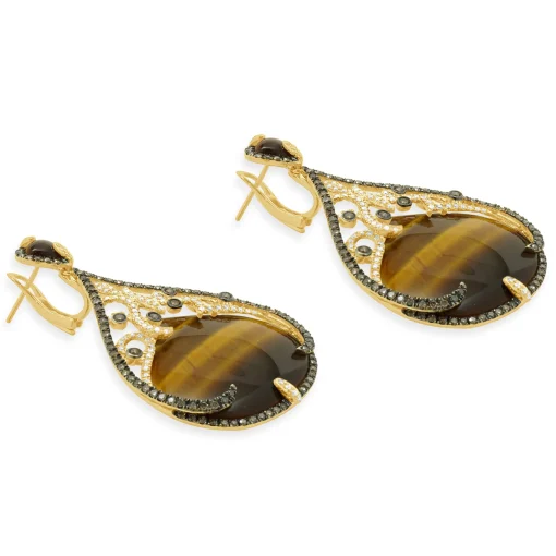 14 Karat Yellow Gold Tigers Eye and Diamond Teardrop Earrings