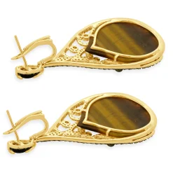 14 Karat Yellow Gold Tigers Eye and Diamond Teardrop Earrings