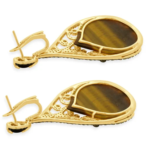 14 Karat Yellow Gold Tigers Eye and Diamond Teardrop Earrings