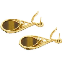 14 Karat Yellow Gold Tigers Eye and Diamond Teardrop Earrings