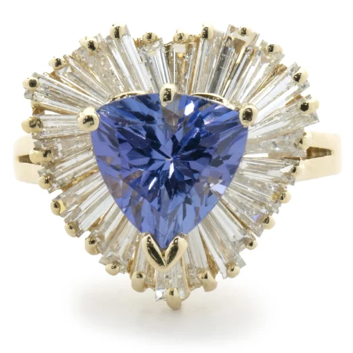 14 Karat Yellow Gold Trillion Cut Tanzanite and Diamond Ballerina Ring