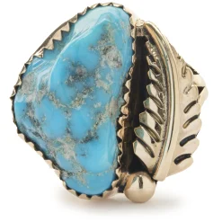 14 Karat Yellow Gold Vintage Native American Designed Turquoise and Feather Ring