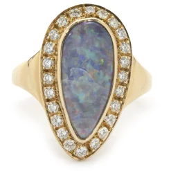 14 Karat Yellow Gold Vintage Black Opal and Diamond Ring
