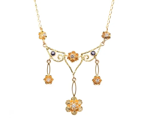 14 Karat Yellow Gold Vintage Diamond Floral Necklace