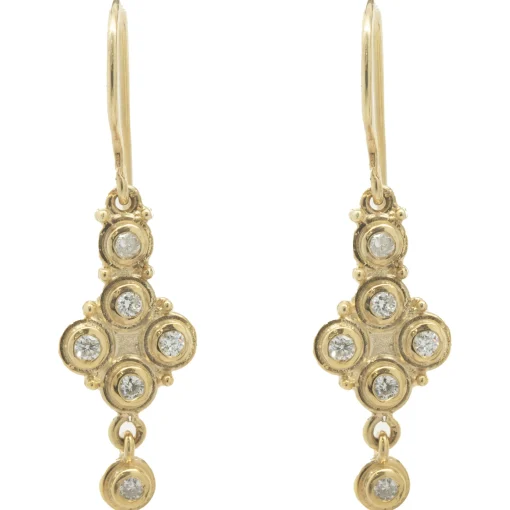 14 Karat Yellow Gold Vintage Style Bezel Set Diamond Drop Earrings