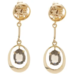 14 Karat Yellow Gold Vintage Smoky Topaz Asian Style Writing Drop Earrings