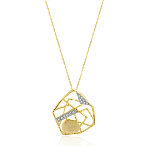 14 Karat Yellow Gold Vintage Opal and Diamond Web Necklace