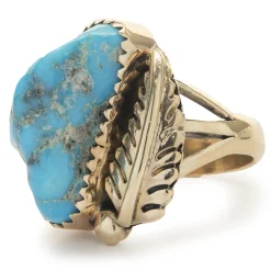 14 Karat Yellow Gold Vintage Native American Designed Turquoise and Feather Ring