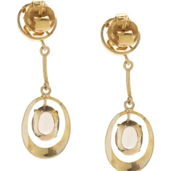 14 Karat Yellow Gold Vintage Smoky Topaz Asian Style Writing Drop Earrings