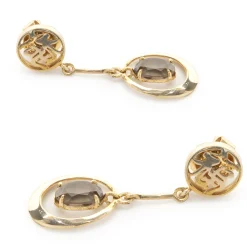 14 Karat Yellow Gold Vintage Smoky Topaz Asian Style Writing Drop Earrings