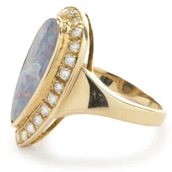 14 Karat Yellow Gold Vintage Black Opal and Diamond Ring