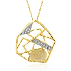 14 Karat Yellow Gold Vintage Opal and Diamond Web Necklace