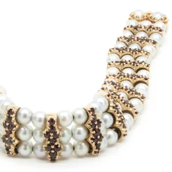 14 Karat Yellow Gold Vintage Cultured Pearl and Garnet Bracelet