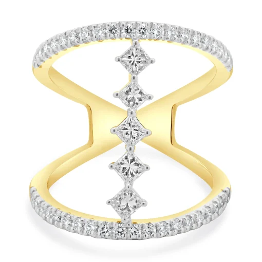 14 Karat Yellow Gold Wide Diamond Bar Link Ring