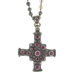 Lee Brevard Sterling Silver Smoky Topaz and Hematite Maltese Cross Necklace
