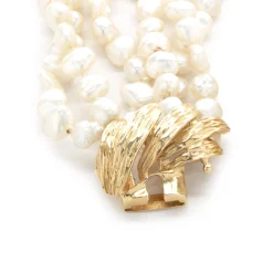 Potato Pearl Multi Strand Necklace with 14 Karat Yellow Gold Floral Style Clasp