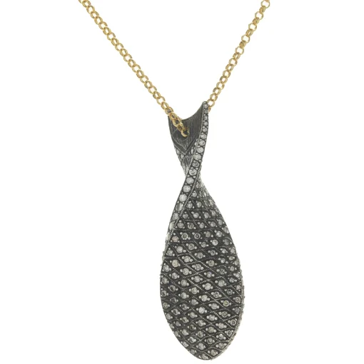 Sterling Silver Two Tone Pave Diamond and Black Opal Fish Necklace