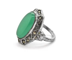 Vintage Sterling Silver, Marcasite And Green Stone Ring Size 6.75