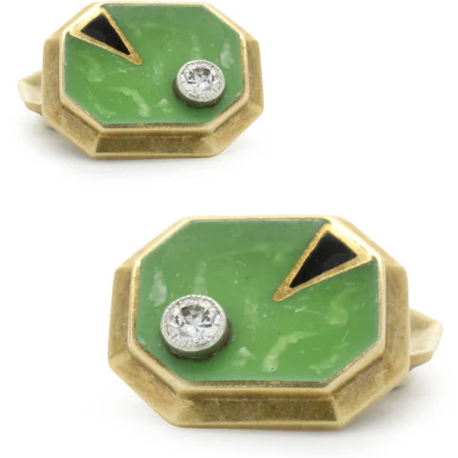 William Huger & Co. 14 Karat Yellow Gold Vintage Diamond and Enamel Cufflinks