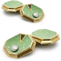 William Huger & Co. 14 Karat Yellow Gold Vintage Diamond and Enamel Cufflinks