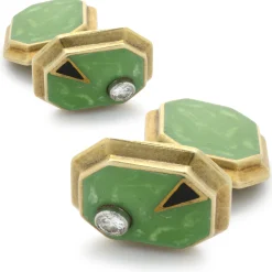 William Huger & Co. 14 Karat Yellow Gold Vintage Diamond and Enamel Cufflinks