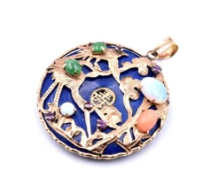 14k Yellow Gold Lapis, Jade, Opal, and Ruby Asian Style Pendant