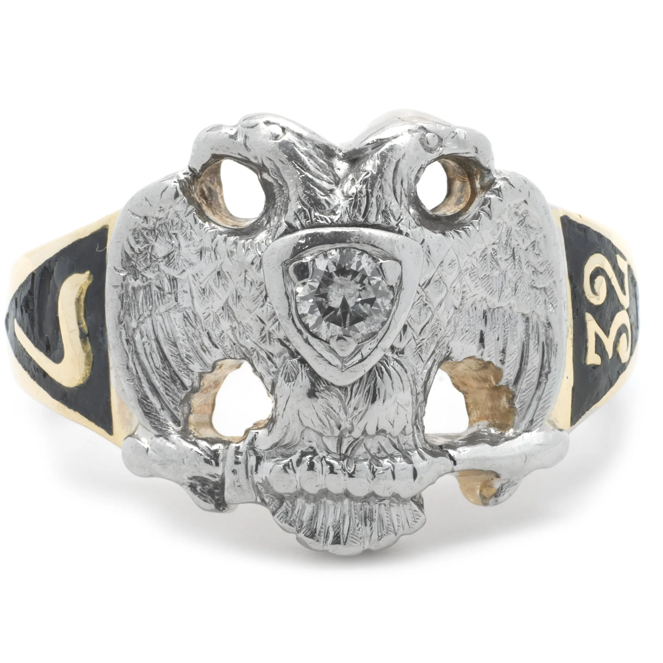 14 Karat Two Tone Vintage 1932 Diamond Masonic Ring