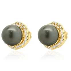 14 Karat Yellow Gold Black Pearl and Diamond Halo Earrings