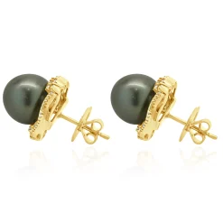 14 Karat Yellow Gold Black Pearl and Diamond Halo Earrings